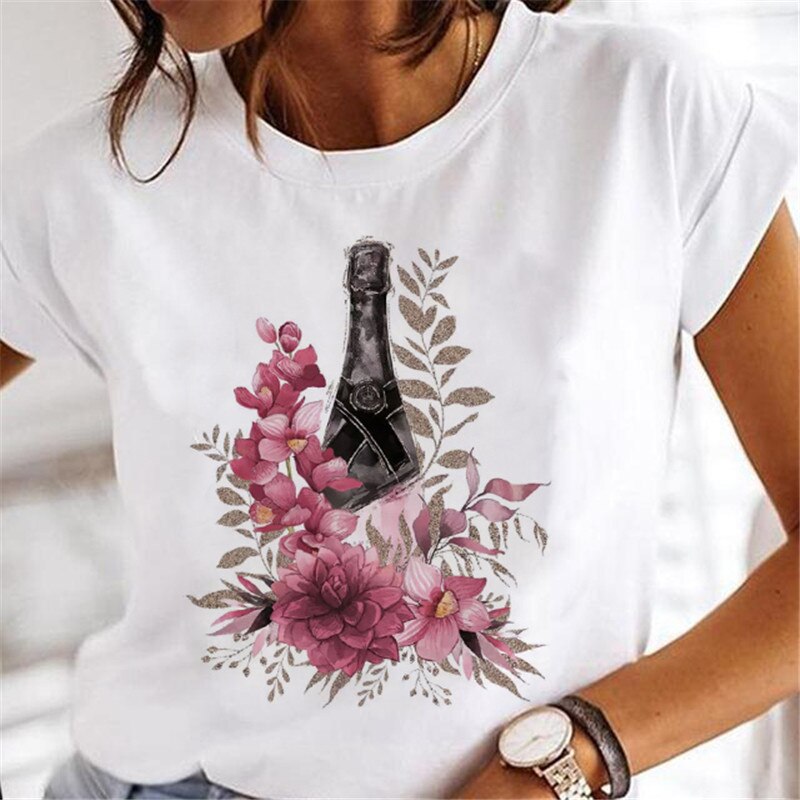 JuliaFashion - 2024 T-shirts Women Sweet Wine Print Girl 90s Cartoon Printing Clothes