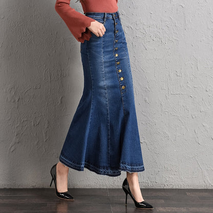 JuliaFashion-High Waist Denim Mermaid Style Maxi Skirt