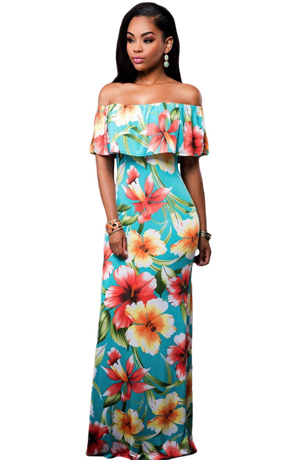 JuliaFashion - 2024 Turquoise Roses Print Off-the-shoulder Maxi Dress