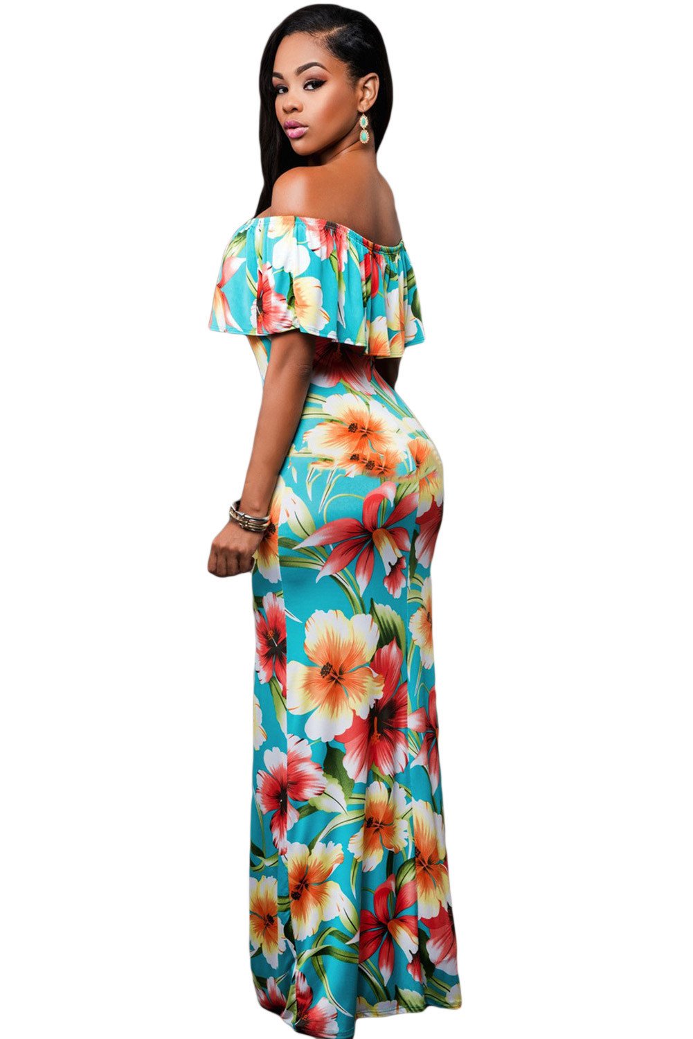 JuliaFashion - 2024 Turquoise Roses Print Off-the-shoulder Maxi Dress