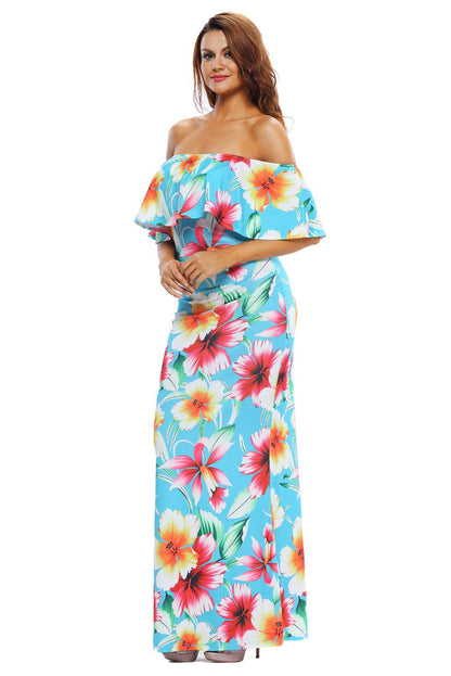 JuliaFashion - 2024 Turquoise Roses Print Off-the-shoulder Maxi Dress