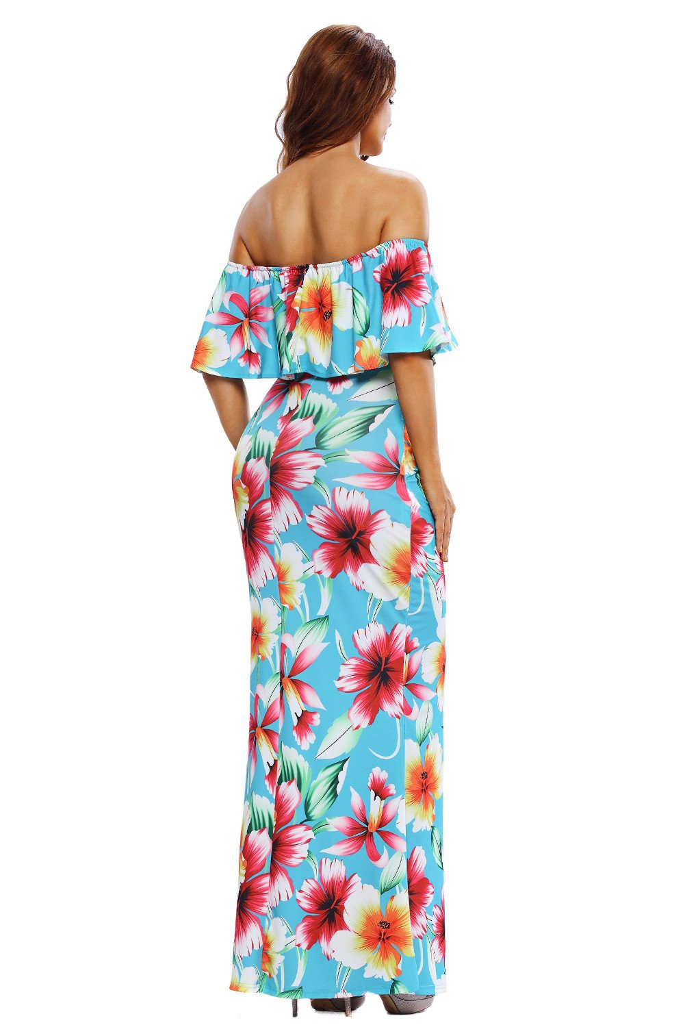 JuliaFashion - 2024 Turquoise Roses Print Off-the-shoulder Maxi Dress