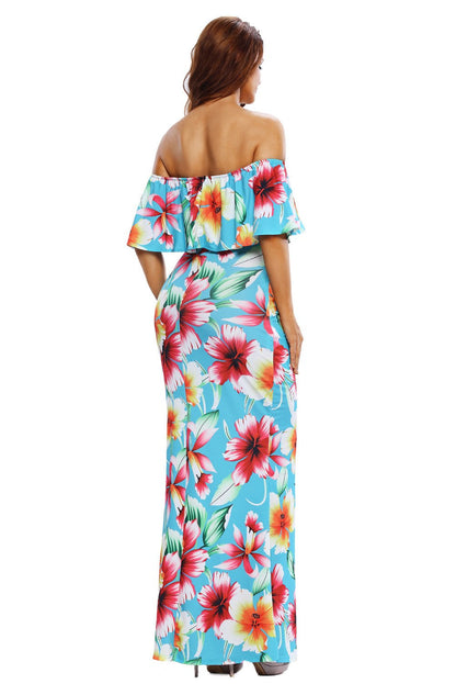 JuliaFashion - 2024 Turquoise Roses Print Off-the-shoulder Maxi Dress