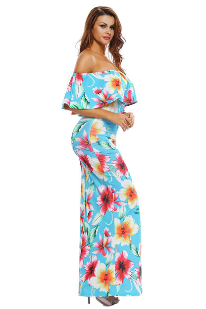 JuliaFashion - 2024 Turquoise Roses Print Off-the-shoulder Maxi Dress