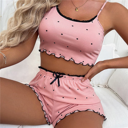 JuliaFashion - 2024 Two Pieces Print Nighty Loungewear Camisoles Shorts Suit