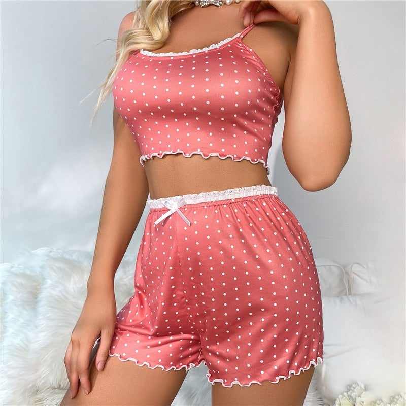 JuliaFashion - 2024 Two Pieces Print Nighty Loungewear Camisoles Shorts Suit