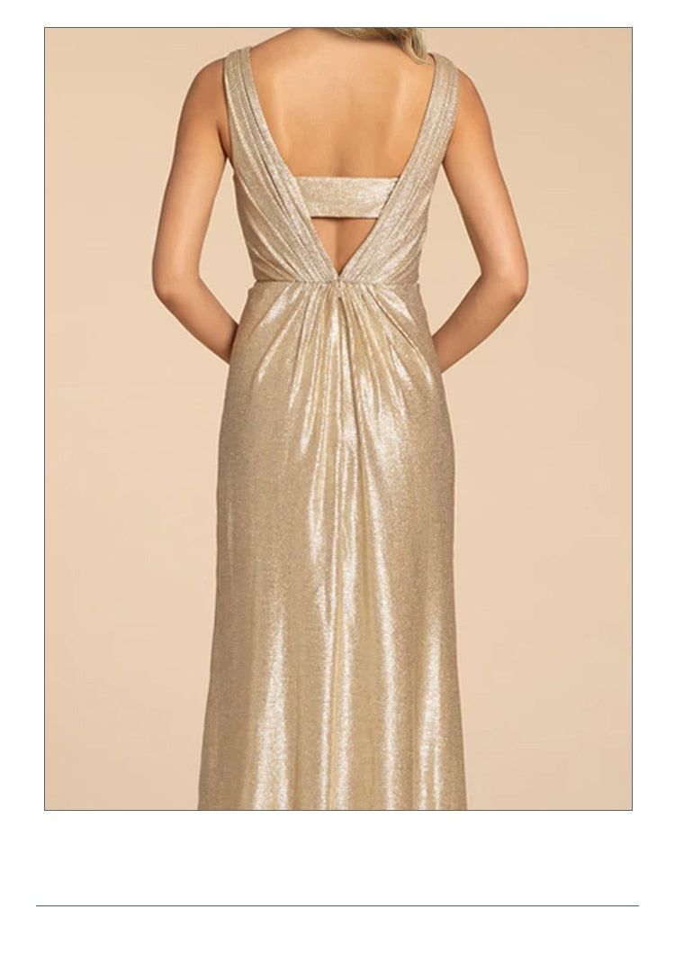 JuliaFashion-Luxury Gold Sequin Backless V-Neck Dress