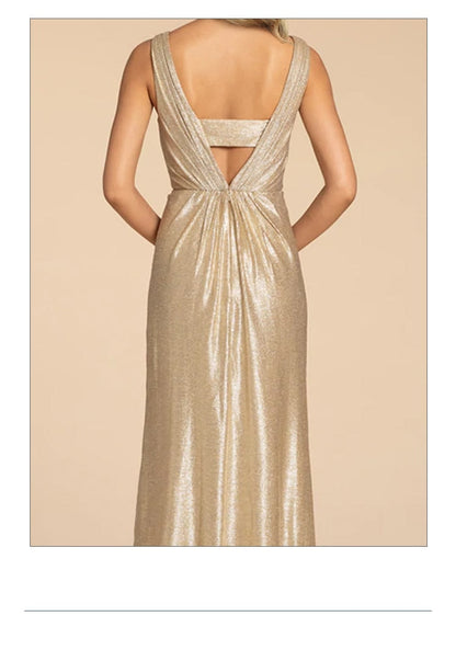 JuliaFashion-Luxury Gold Sequin Backless V-Neck Dress