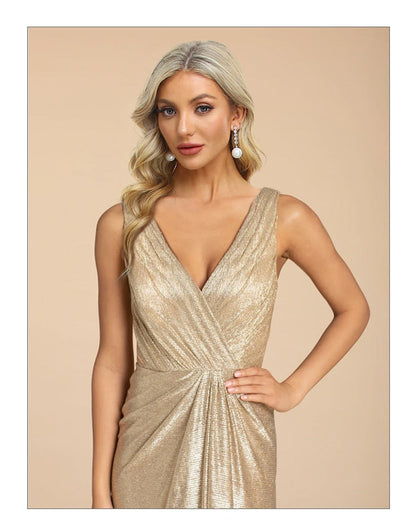 JuliaFashion-Luxury Gold Sequin Backless V-Neck Dress