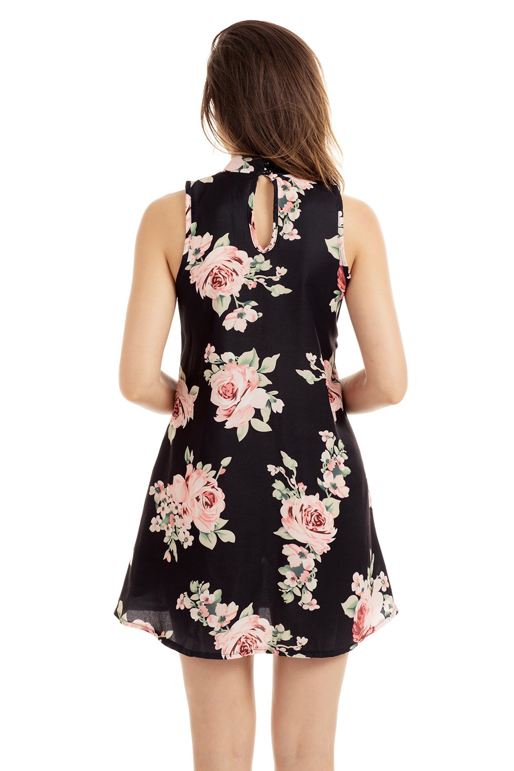 JuliaFashion - 2024 V Cut out Blooming Floral Print Black Background Dress