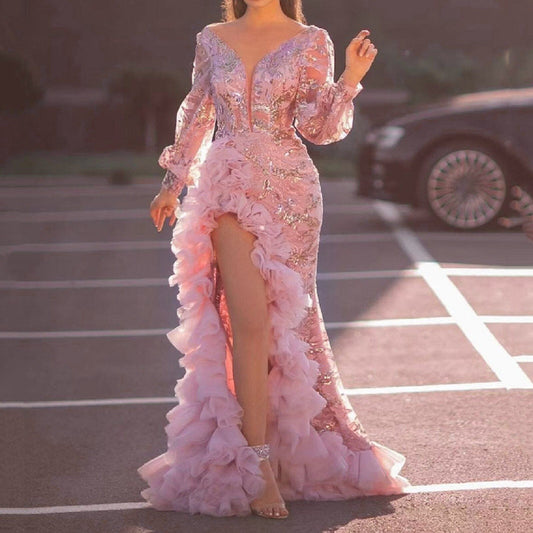 JuliaFashion-Elegant Pink Sequins Maxi Dress