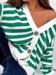 JuliaFashion - 2024 Women V-neck Knitted Loose Striped Sweater Jacket Cardigan