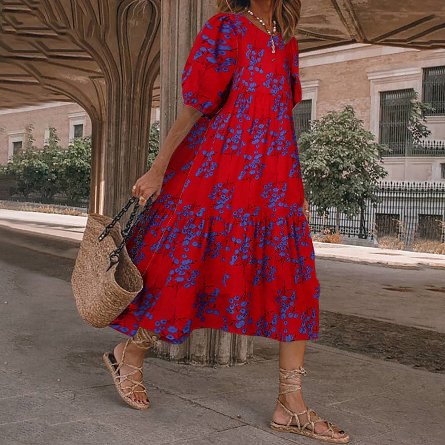 JuliaFashion - 2024 Vintage Square Collar Floral Boho Dress