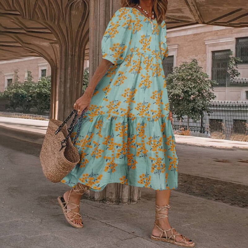 JuliaFashion - 2024 Vintage Square Collar Floral Boho Dress