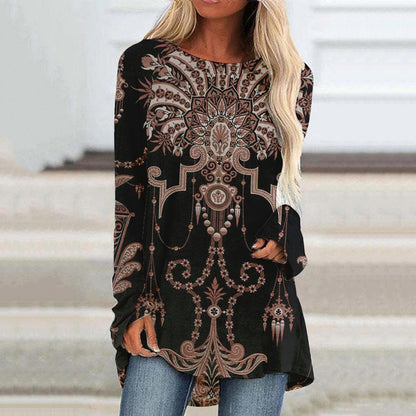 JuliaFashion - 2024 Women Casual Round Neck Tunic Shirt Long Sleeve Print Blouse