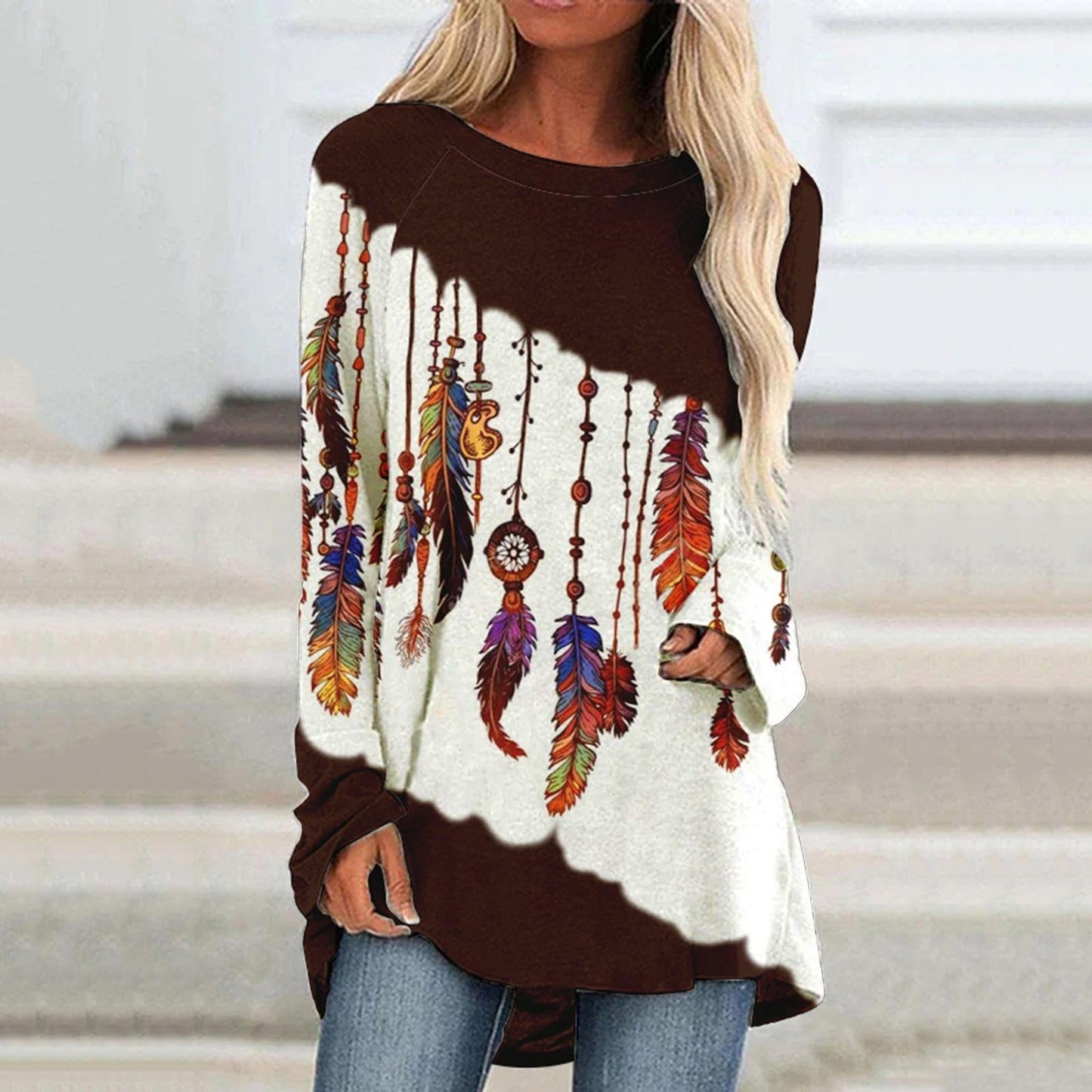 JuliaFashion - 2024 Women Casual Round Neck Tunic Shirt Long Sleeve Print Blouse