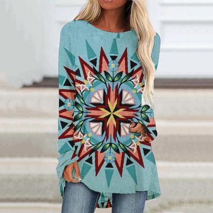 JuliaFashion - 2024 Women Casual Round Neck Tunic Shirt Long Sleeve Print Blouse