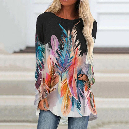 JuliaFashion - 2024 Women Casual Round Neck Tunic Shirt Long Sleeve Print Blouse