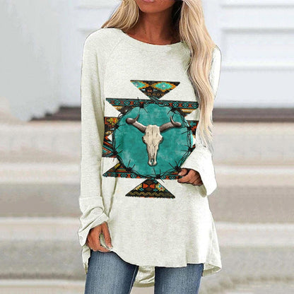 JuliaFashion - 2024 Women Casual Round Neck Tunic Shirt Long Sleeve Print Blouse