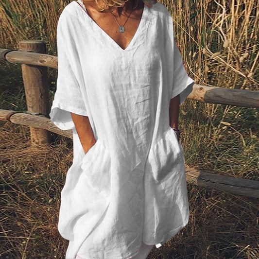 JuliaFashion-Oversize V-Neck Short Sleeve Summer Dress