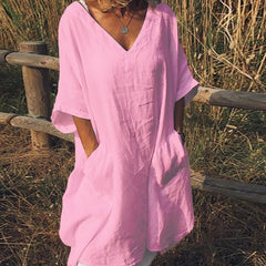 JuliaFashion-Oversize V-Neck Short Sleeve Summer Dress