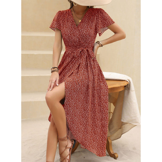 JuliaFashion - 2024 Sexy Vintage V-Neck Waist Tie-Up Boho Dress