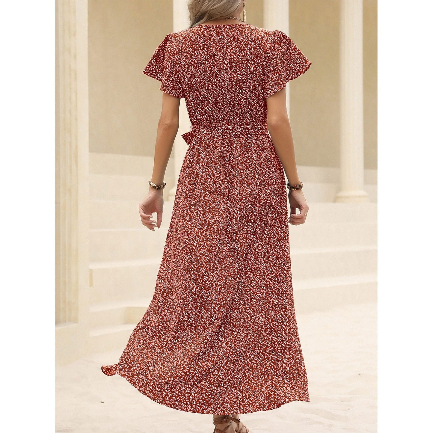 JuliaFashion - 2024 Sexy Vintage V-Neck Waist Tie-Up Boho Dress