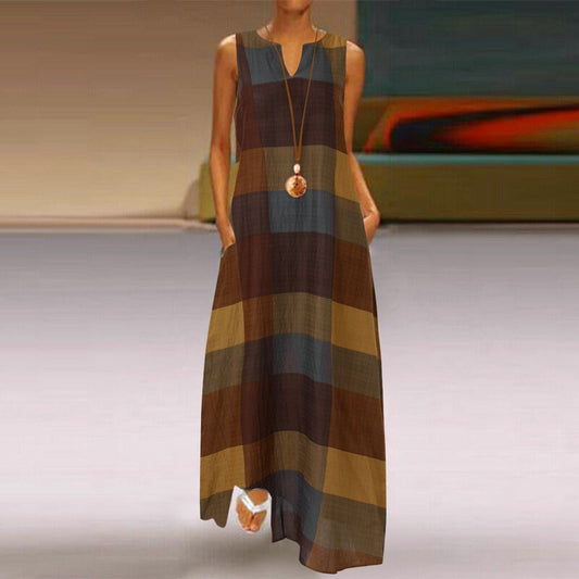 JuliaFashion-Elegant V-Neck Plaid Print Maxi Dress