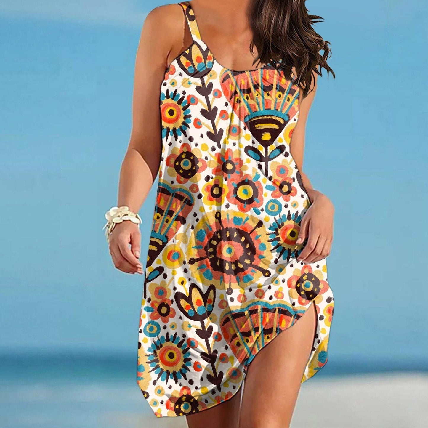 JuliaFashion-Ethnic Print Sleeveless Boho Beach Dress