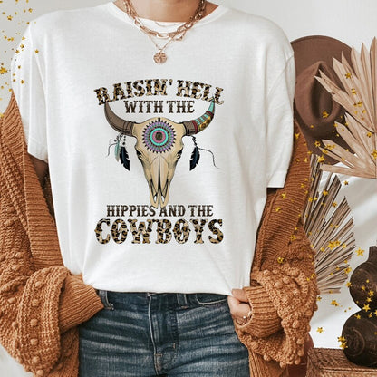 JuliaFashion - 2024 Western Shirts Boho Cow Skull Shirt with Leopard Print Short Sleeve