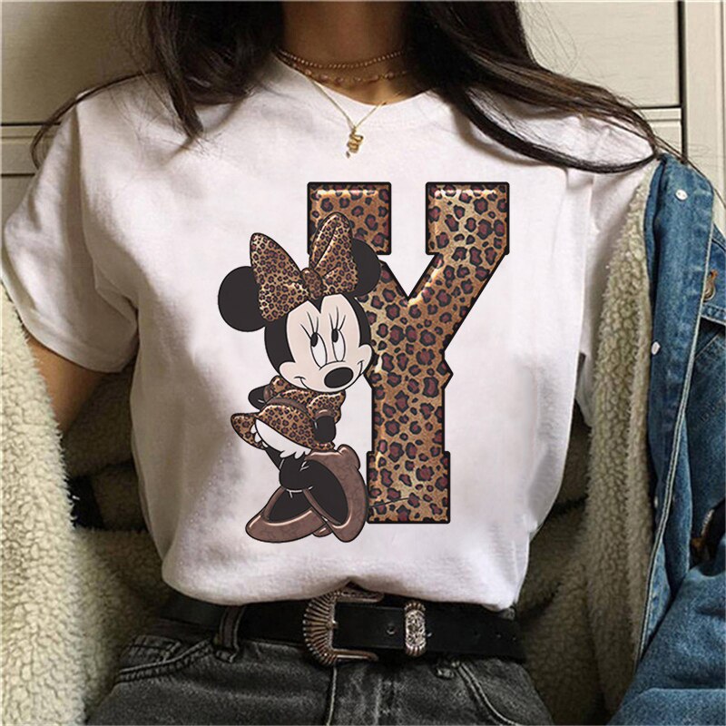 JuliaFashion - 2024 White Tshirts Minnie Mouse Font A B C D E F G Short Sleeve