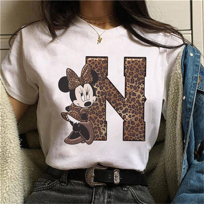 JuliaFashion - 2024 White Tshirts Minnie Mouse Font A B C D E F G Short Sleeve