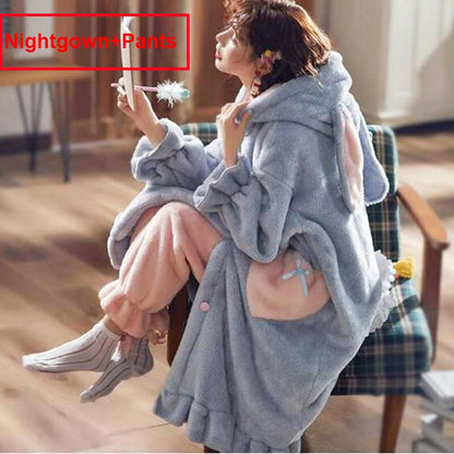 JuliaFashion - 2024 Winter Flannel Hooded Nightgowns Rabbit Hat Pajamas Set