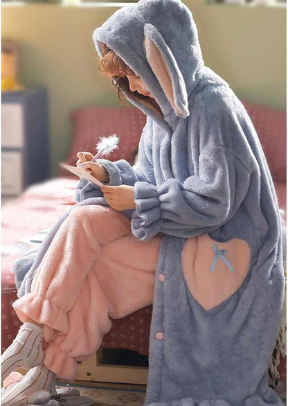 JuliaFashion - 2024 Winter Flannel Hooded Nightgowns Rabbit Hat Pajamas Set