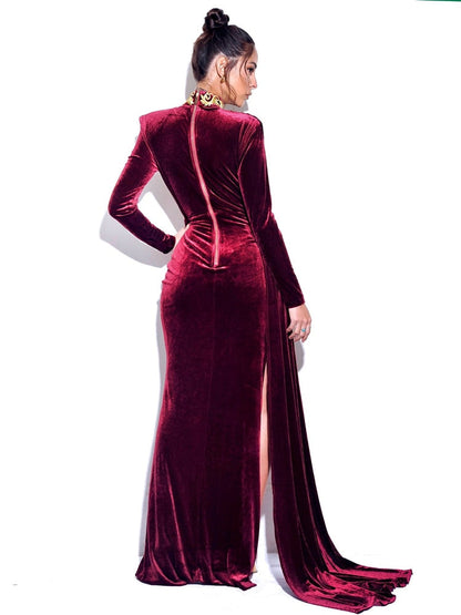 JuliaFashion - 2024 Slit Sexy Beauty Pageant Gowns Velvet Formal Dress