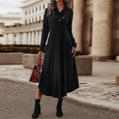 JuliaFashion-Elegant Lapel Slim Solid Pockets Midi Dress