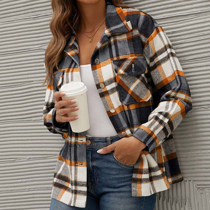 JuliaFashion - 2024 Women Winter Plaid Shirt Jacket Checkered Jacket Coat