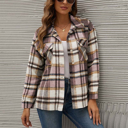 JuliaFashion - 2024 Women Winter Plaid Shirt Jacket Checkered Jacket Coat