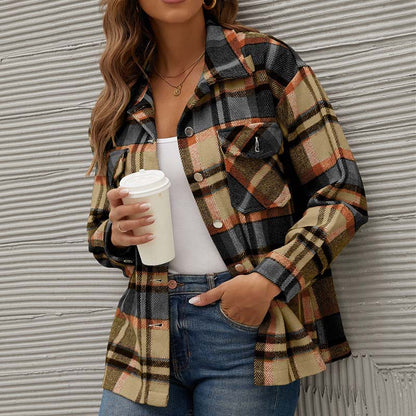 JuliaFashion - 2024 Women Winter Plaid Shirt Jacket Checkered Jacket Coat