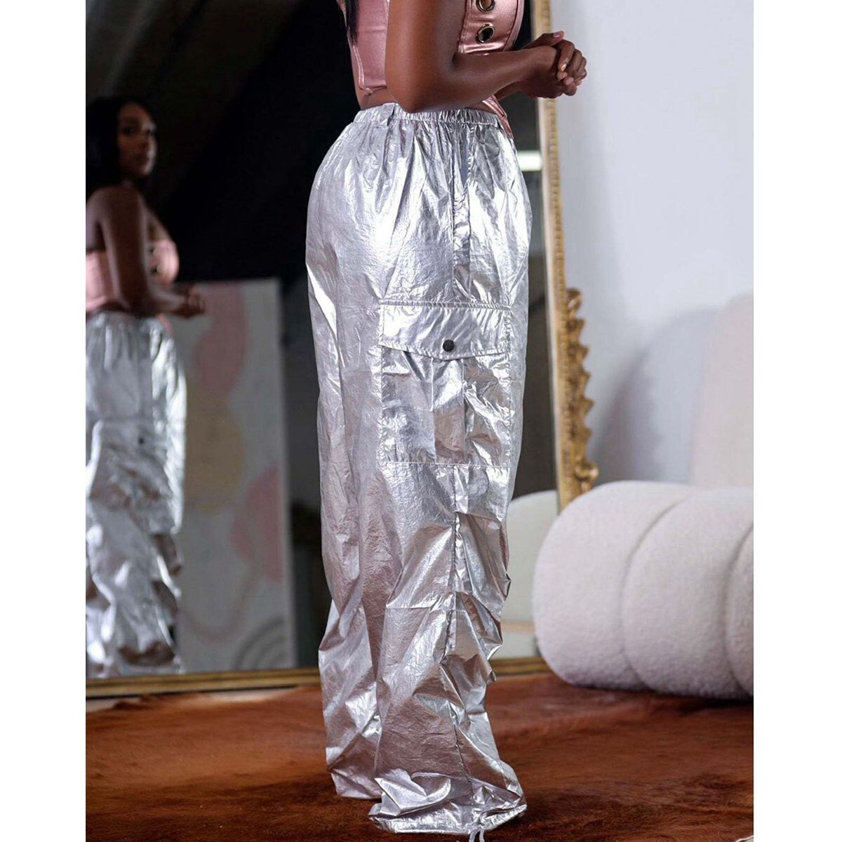 JuliaFashion - 2024 Silver Metallic High Waist Cargo Pants