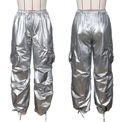 JuliaFashion - 2024 Silver Metallic High Waist Cargo Pants