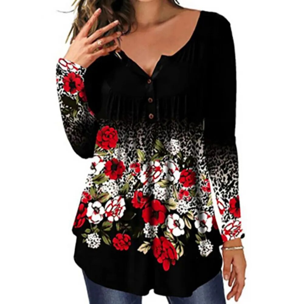 JuliaFashion-Floral Printed Knit Tunic Blouses