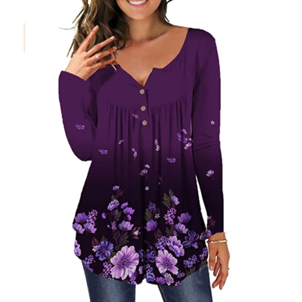 JuliaFashion-Floral Printed Knit Tunic Blouses