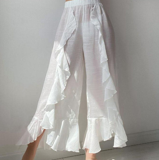 JuliaFashion - 2024 Ruffled Cotton Linen Beach Wide Leg Pants