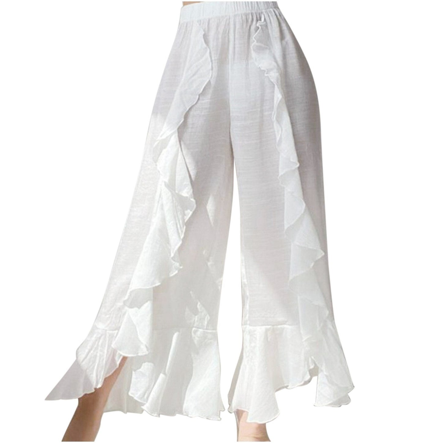 JuliaFashion - 2024 Ruffled Cotton Linen Beach Wide Leg Pants