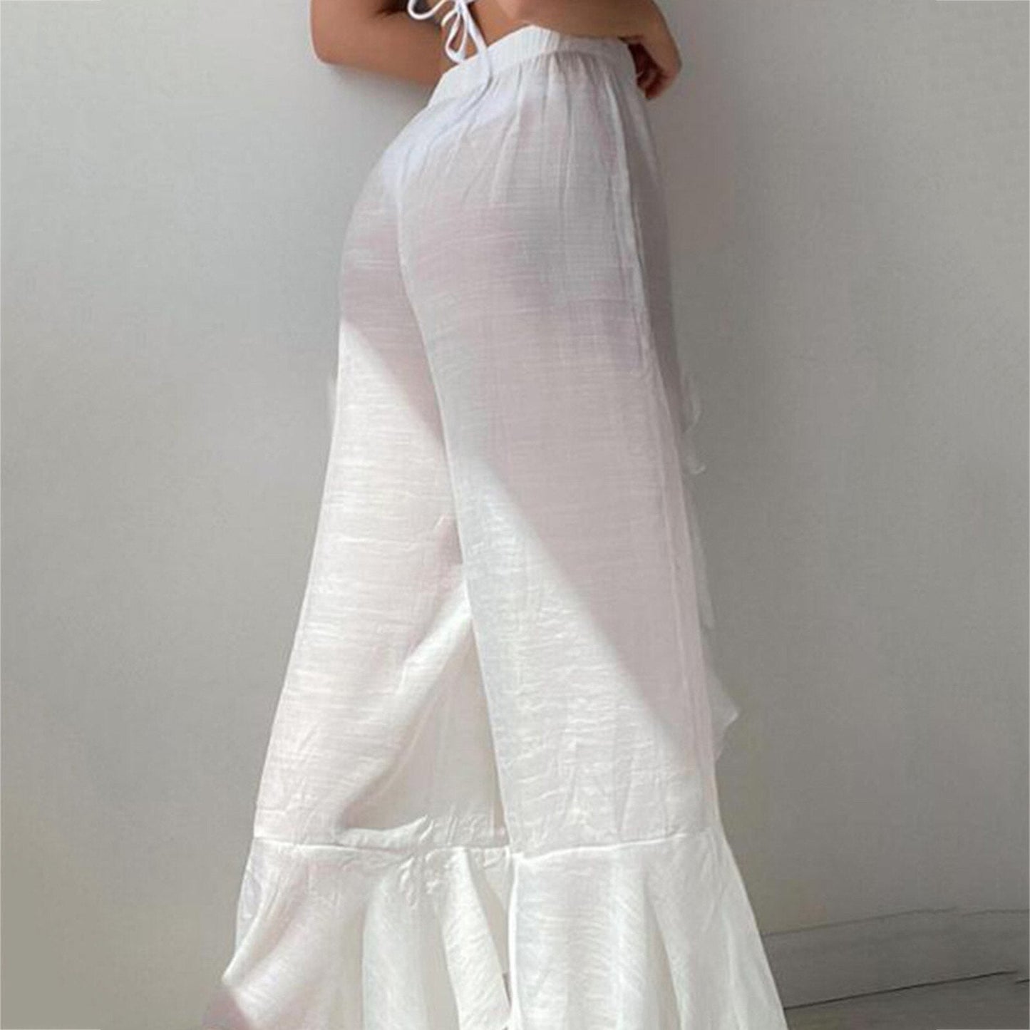 JuliaFashion - 2024 Ruffled Cotton Linen Beach Wide Leg Pants