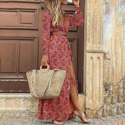JuliaFashion - 2024 Women Bohemian Floral Print V-Neck Short Sleeve Dress
