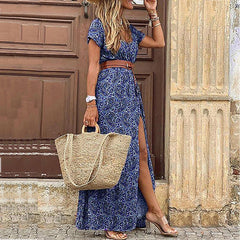 JuliaFashion - 2024 Women Bohemian Floral Print V-Neck Short Sleeve Dress