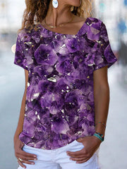 JuliaFashion - 2024 Women Casual Abstract Painting Graphic Short Sleeve Print Irregular Top