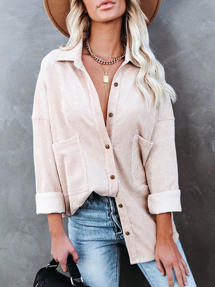 JuliaFashion - 2024 Women Long Sleeve Fashion Solid Pockets Outwear Casual Shirt